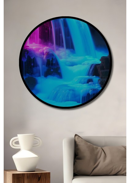 Çerçeve Görünümlü Neon Şelale Rüyası Yağlı Boya Görünümlü Dekoratif Ahşap Ofis Yuvarlak Tablo