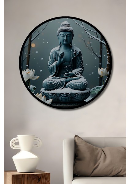 Çerçeve Görünümlü Buz Mavisi Buddha ve Lotus Çiçeği Rüyası Dekoratif Ahşap Ofis Yuvarlak Tablo