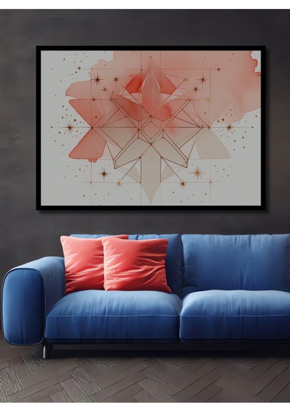 Çerçeve Görünümlü Kızıl Yıldız Geometrik Sulu Boya Görünümlü Dekoratif Ahşap Işyeri/ofis Kare Tablo