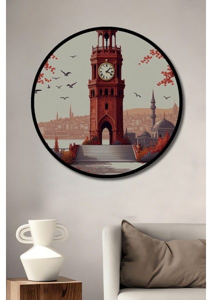 Çerçeve Görünümlü Istanbul Kız Kulesi ve Çiçekler Pastel Boya Görünümlü Ahşap Ofis Yuvarlak Tablo