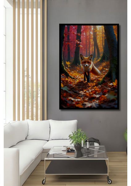 Çerçeve Görünümlü Sonbahar Ormanında Yağlı Boya Görünümlü Tilki Sanatı Salon Ahşap Kare Tablo