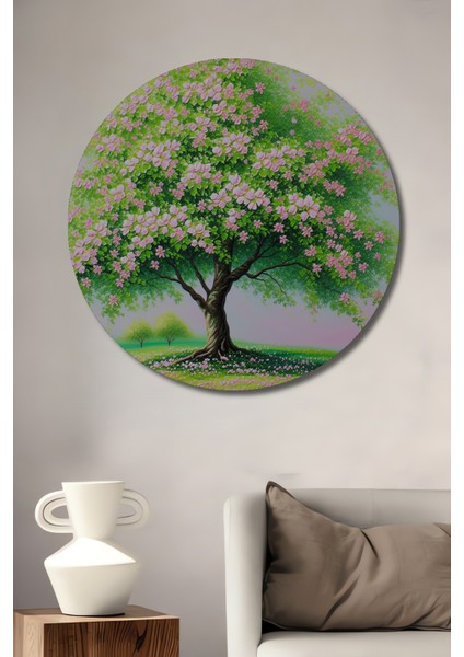 Pembe Çiçek Açan Ağaç Yağlı Boya Görünümlü Dekoratif Ahşap Ev/işyeri/ofis Yuvarlak Tablo