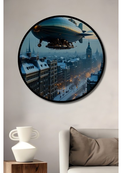 Çerçeve Görünümlü Steampunk Gökyüzü Balonu Klasik Şehir Yağlı Boya Görünümlü Ahşap Ofis Tablo