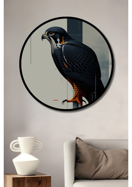 Çerçeve Görünümlü Minimalist Şahin Yağlı Boya Görünümlü Dekoratif Ahşap Işyeri/ofis Yuvarlak Tablo