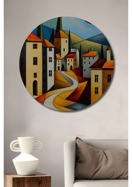 Modern Geometrik Şehir Yağlı Boya Görünümlü Dekoratif Ahşap Ev/işyeri/ofis Yuvarlak Tablo