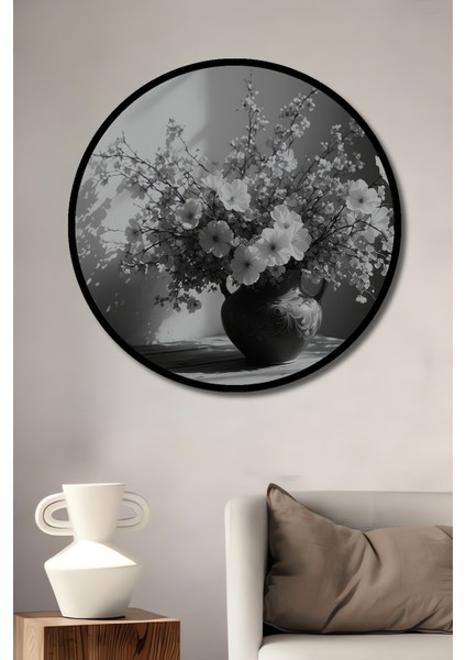 Çerçeve Görünümlü Siyah Beyaz Çiçek Bahçesi Yağlı Boya Görünümlü Ahşap Ofis Yuvarlak Tablo