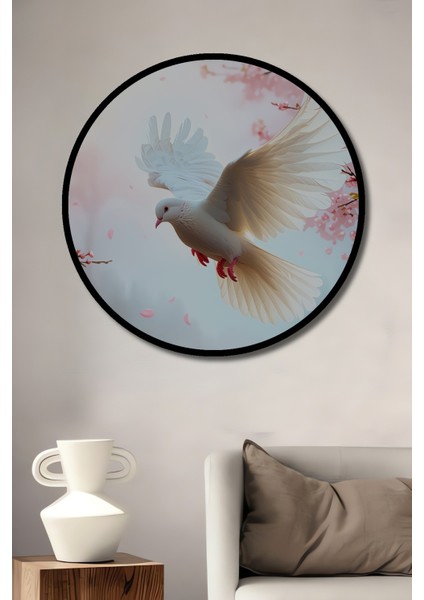 Çerçeve Görünümlü Beyaz Güvercin ve Kiraz Çiçekleri Yağlı Boya Görünümlü Ofis Dekoratif Ahşap Tablo