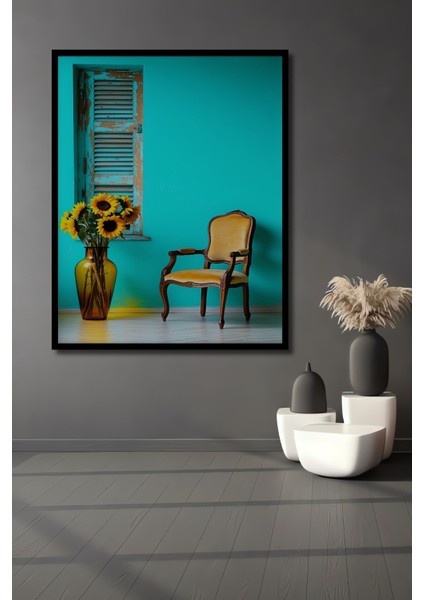 Çerçeve Görünümlü Turkuaz Hülyası Ayçiçeği Rüyası Yağlı Boya Görünümlü Ahşap Ofis Kare Tablo