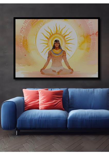 Çerçeve Görünümlü Mısır Meditasyon Güneş Tanrısı Sulu Boya Görünümlü Ahşap Ofis Kare Tablo
