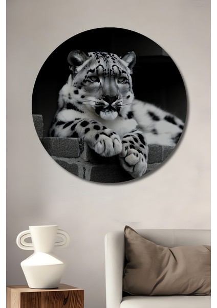 Kar Leoparı Siyah Beyaz Yağlı Boya Görünümlü Dekoratif Ahşap Ev/işyeri/ofis Yuvarlak Tablo