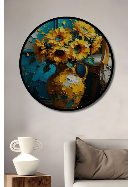 Çerçeve Görünümlü Turkuaz Dokulu Vazoda Yağlı Boya Görünümlü Ayçiçekleri Sanat Şöleni Ofis Tablo