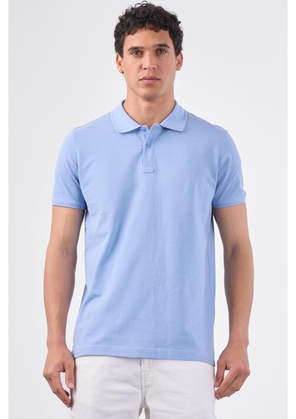 Açık Mavi Polo Yaka Pamuklu Düz Renk Slim Fit Erkek T-Shirt