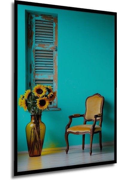 Çerçeve Görünümlü Turkuaz Hülyası Ayçiçeği Rüyası Yağlı Boya Görünümlü Ahşap Ofis Kare Tablo modelleri