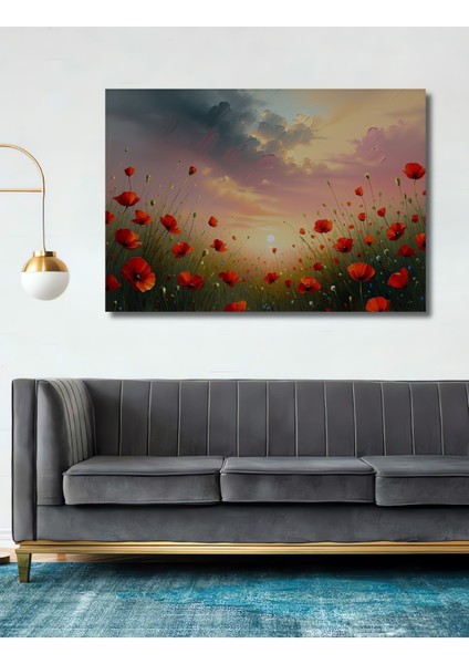 Yağlı Boya Görünümlü Gelincik Tarlası Gün Batımı Ev/işyeri/ofis Dekoratif Ahşap Kare Tablo