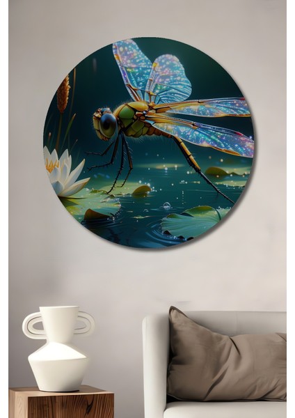 Işıltılı Yusufçuk ve Nilüfer Çiçeği Yağlı Boya Görünümlü Dekoratif Ahşap Ev/işyeri/ofis Tablo