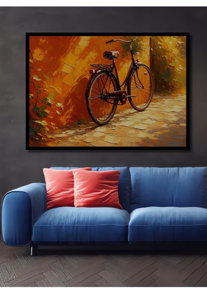 Çerçeve Görünümlü Turuncu Duvar Önünde Bisiklet Yağlı Boya Görünümlü Ahşap Ofis Kare Tablo