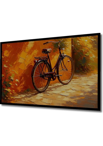 Çerçeve Görünümlü Turuncu Duvar Önünde Bisiklet Yağlı Boya Görünümlü Ahşap Ofis Kare Tablo fiyatları