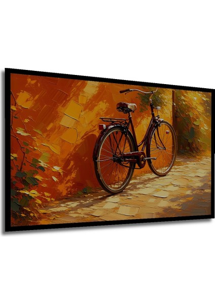 Çerçeve Görünümlü Turuncu Duvar Önünde Bisiklet Yağlı Boya Görünümlü Ahşap Ofis Kare Tablo modelleri