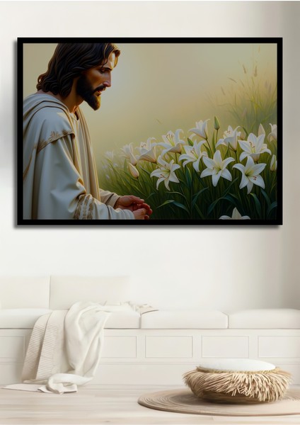 Çerçeve Görünümlü Isa ve Zambaklar Yağlı Boya Görünümlü Dekoratif Ahşap Ev/işyeri/ofis Kare Tablo