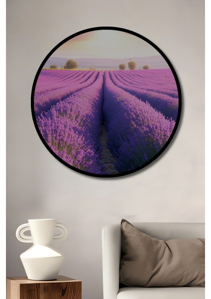 Çerçeve Görünümlü Mor Lavanta Tarlası Yağlı Boya Görünümlü Dekoratif Ahşap Ofis Yuvarlak Tablo
