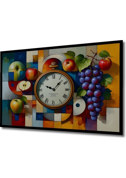 Çerçeve Görünümlü Elma Üzüm Saat Yağlı Boya Görünümlü Modern Sanat Dekoratif Ahşap Ofis Kare Tablo fiyatları