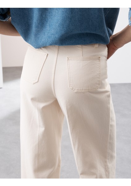 Saf Pamuklu Yüksek Bel Geniş Paça Kot Pantolon