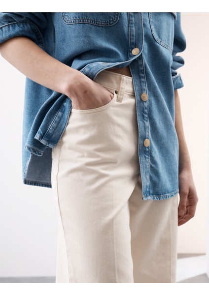 Saf Pamuklu Yüksek Bel Geniş Paça Kot Pantolon