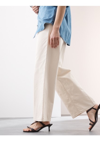 Saf Pamuklu Yüksek Bel Geniş Paça Kot Pantolon