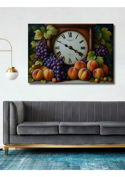 Dekoratif Ahşap Saatli Üzüm ve Şeftali Yağlı Boya Görünümlü Ev/işyeri/ofis Kare Tablo