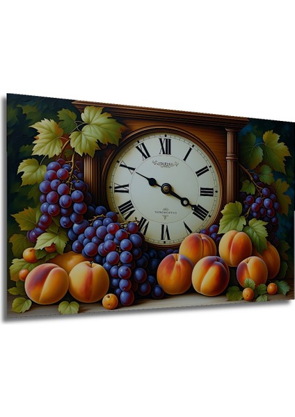 Dekoratif Ahşap Saatli Üzüm ve Şeftali Yağlı Boya Görünümlü Ev/işyeri/ofis Kare Tablo modelleri