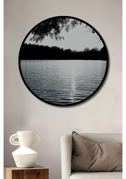 Çerçeve Görünümlü Göl Kenarı Siyah Beyaz Manzara Dekoratif Ahşap Ev/işyeri/ofis Yuvarlak Tablo