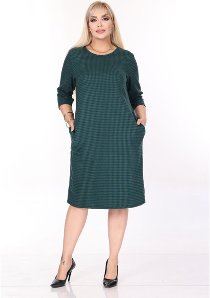 Çift Cepli Desenli Esnek Kışlık Büyük Beden Midi Elbise 45B-2700