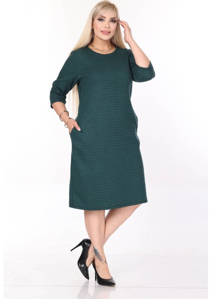 Çift Cepli Desenli Esnek Kışlık Büyük Beden Midi Elbise 45B-2700 fiyatları