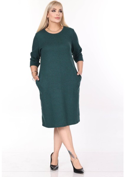 Çift Cepli Desenli Esnek Kışlık Büyük Beden Midi Elbise 45B-2700 fırsatları