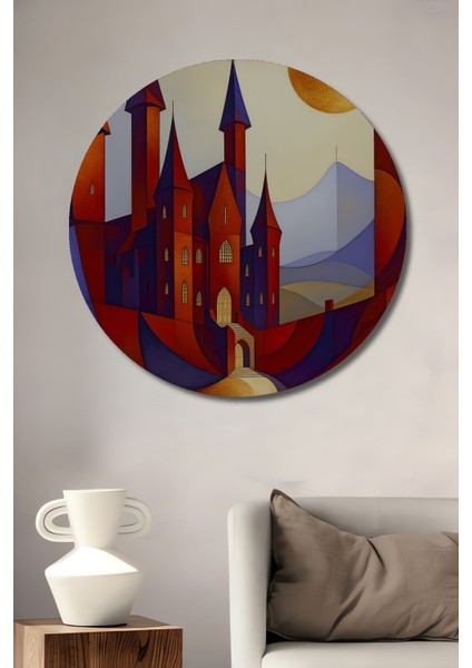 Geometrik Şato Yağlı Boya Görünümlü Dekoratif Ahşap Ev/işyeri/ofis Yuvarlak Tablo