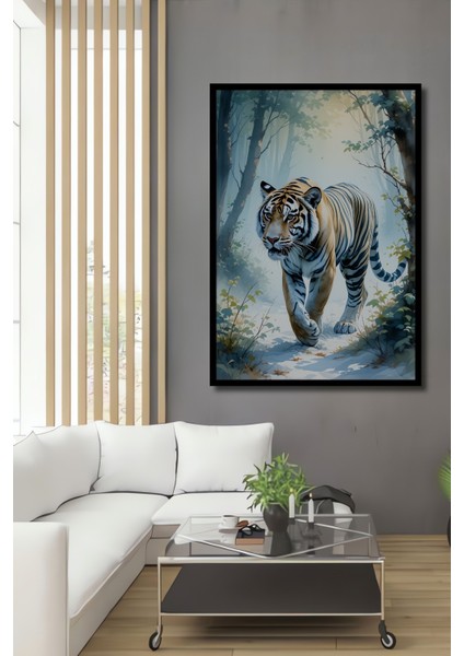 Çerçeve Görünümlü Ormanda Yürüyen Kaplan Sulu Boya Görünümlü Dekoratif Ahşap Işyeri/ofis Kare Tablo