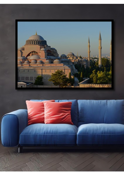 Çerçeve Görünümlü Süleymaniye Cami Muhteşem Gün Batımı Yağlı Boya Görünümlü Ahşap Ofis Kare Tablo