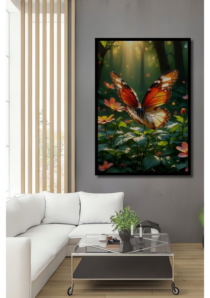 Çerçeve Görünümlü Turuncu Kelebek Rüyası Yağlı Boya Görünümlü Dekoratif Ahşap Ofis Kare Tablo