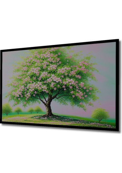 Çerçeve Görünümlü Pembe Çiçek Açan Ağaç Yağlı Boya Görünümlü Dekoratif Ahşap Işyeri/ofis Kare Tablo fiyatları