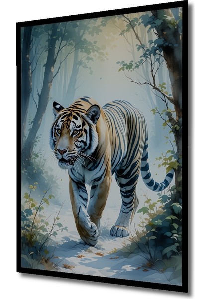 Çerçeve Görünümlü Ormanda Yürüyen Kaplan Sulu Boya Görünümlü Dekoratif Ahşap Işyeri/ofis Kare Tablo fiyatları