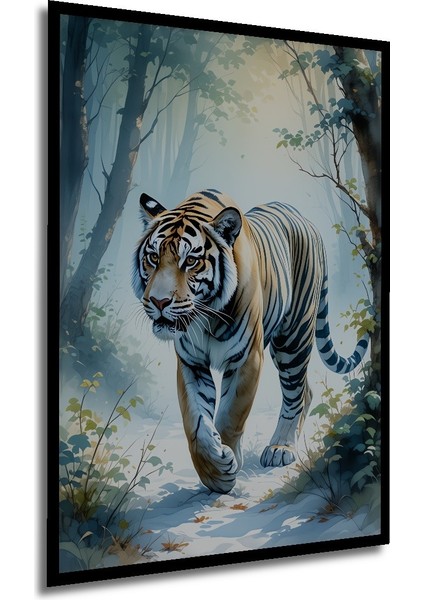 Çerçeve Görünümlü Ormanda Yürüyen Kaplan Sulu Boya Görünümlü Dekoratif Ahşap Işyeri/ofis Kare Tablo modelleri