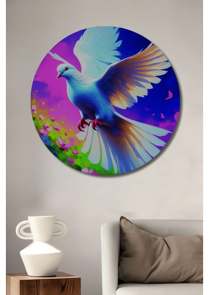 Uçan Güvercin Yağlı Boya Görünümlü Dekoratif Ahşap Ev/işyeri/ofis Yuvarlak Tablo