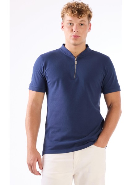 Lacivert Erkek Slim Fit Düz Bomber Yaka T-shirt