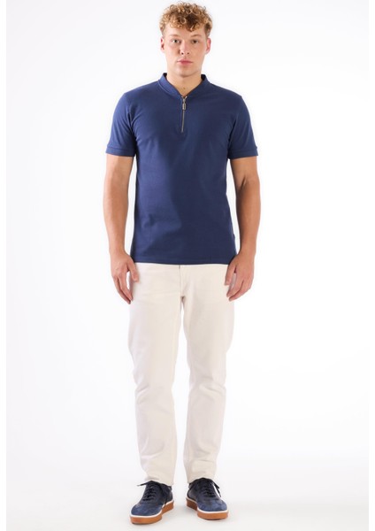 Lacivert Erkek Slim Fit Düz Bomber Yaka T-shirt