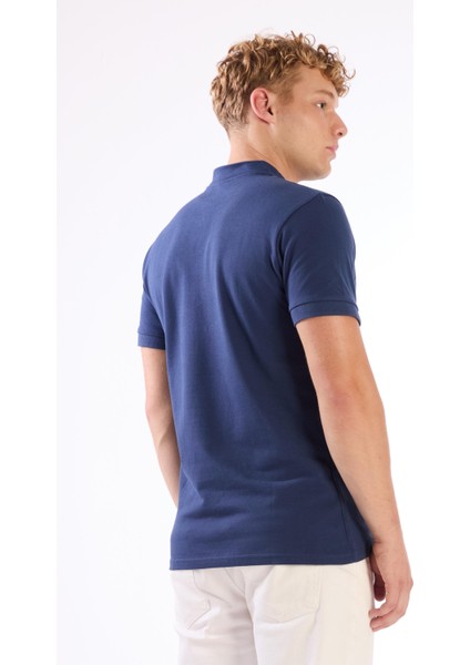 Lacivert Erkek Slim Fit Düz Bomber Yaka T-shirt