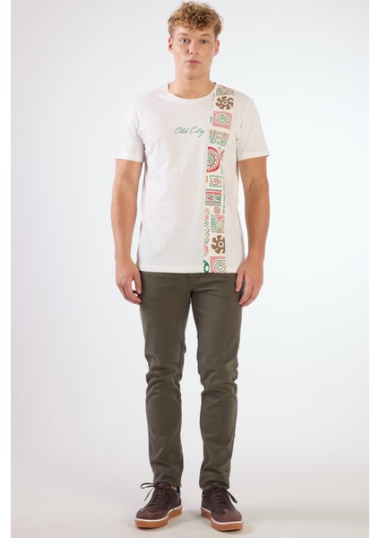 Ekru Erkek Slim Fit Desenli O Yaka Tshirt - 105309