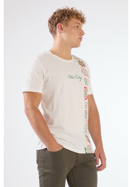 Ekru Erkek Slim Fit Desenli O Yaka Tshirt - 105309