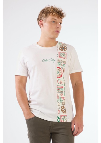 Ekru Erkek Slim Fit Desenli O Yaka Tshirt - 105309