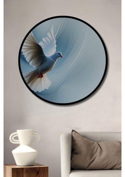 Çerçeve Görünümlü Beyaz Güvercin Barışı Yağlı Boya Görünümlü Dekoratif Ahşap Ofis Yuvarlak Tablo