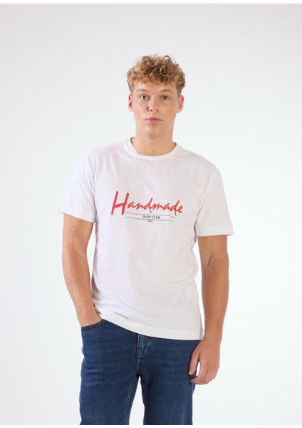 Beyaz Erkek Regular Fit Baskılı Casual O Yaka T-shirt